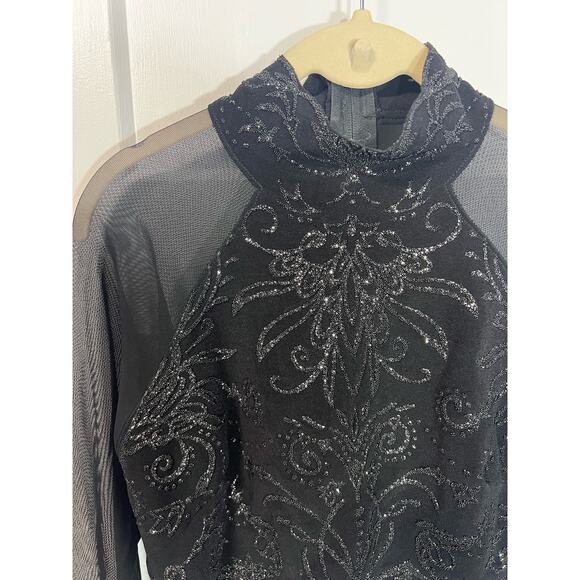 Vintage 90s Tadashi Shoji Mesh Sheer Embellished Mock Neck Top Basque Waist Goth - Picture 2 of 10